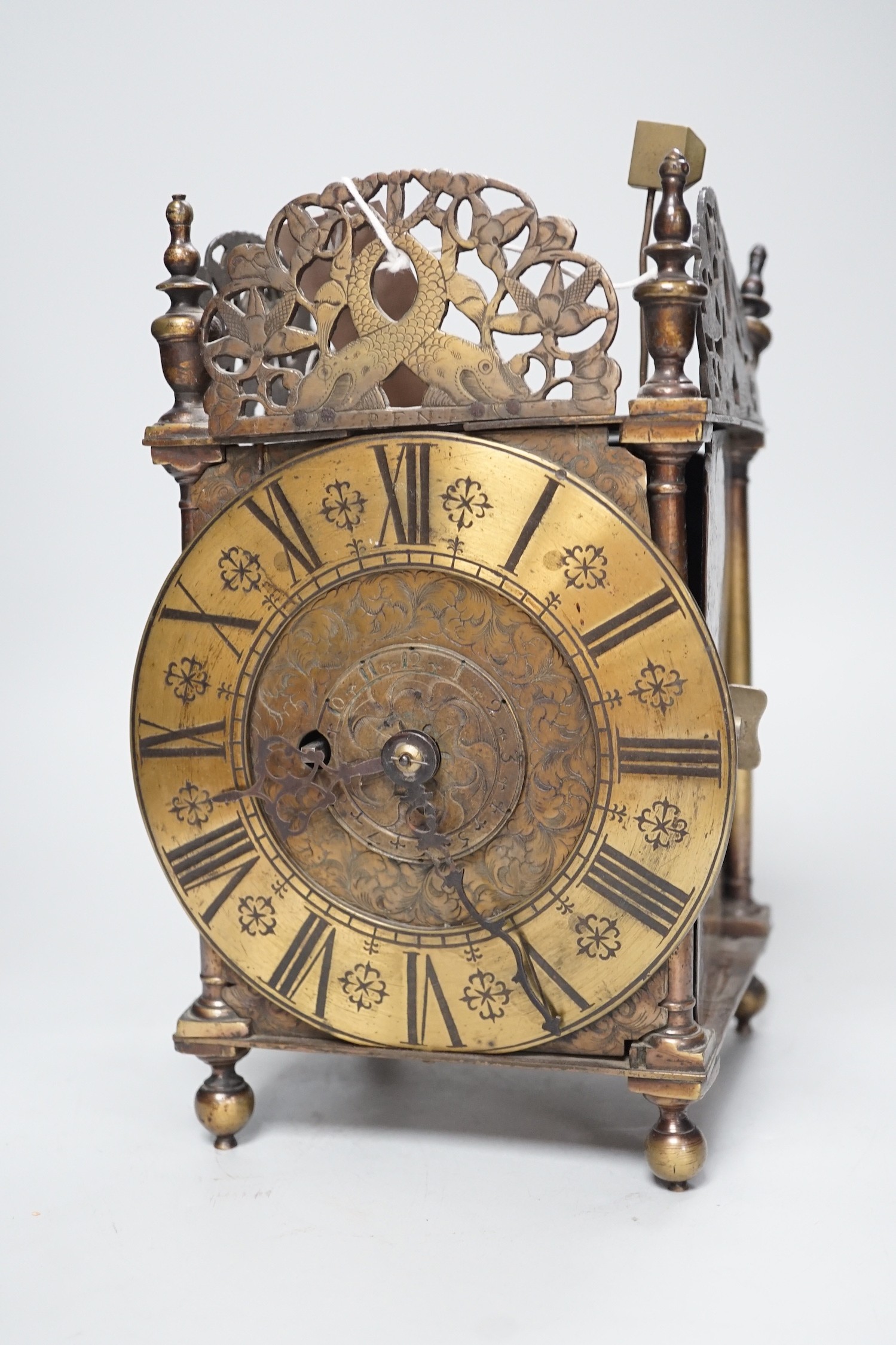 A 17th century and later brass lantern clock, fusee movement